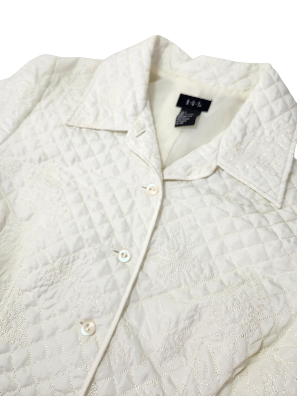 R.Q.T Women's Quilted Embroidered Jacket Ivory Floral Button Front Lined Size L - Picture 9 of 16